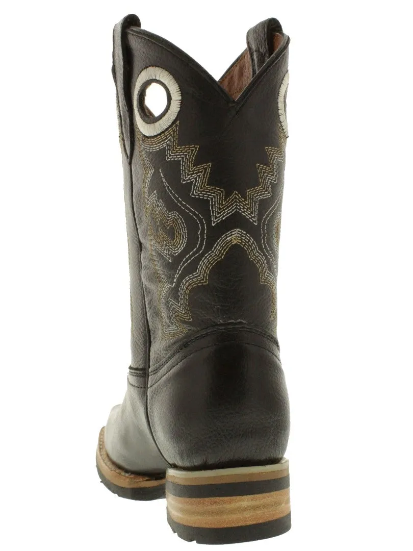 Kids Barcelona Black Solid Leather Western Cowboy Boots - Square Toe