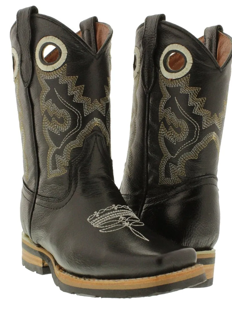 Kids Barcelona Black Solid Leather Western Cowboy Boots - Square Toe