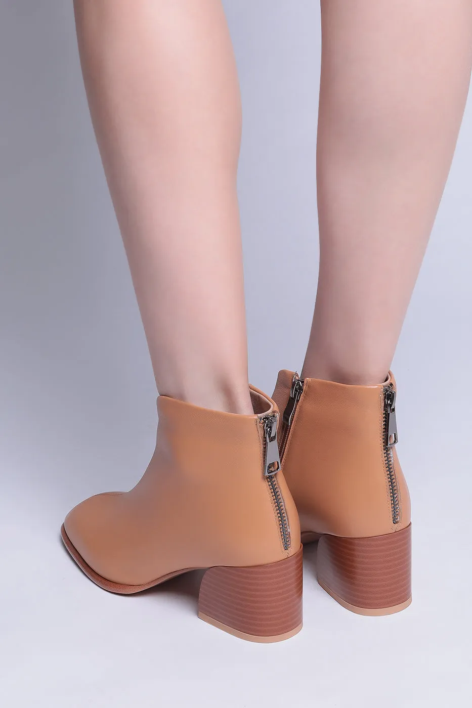 Leather Block Heel Ankle Boots - Brown