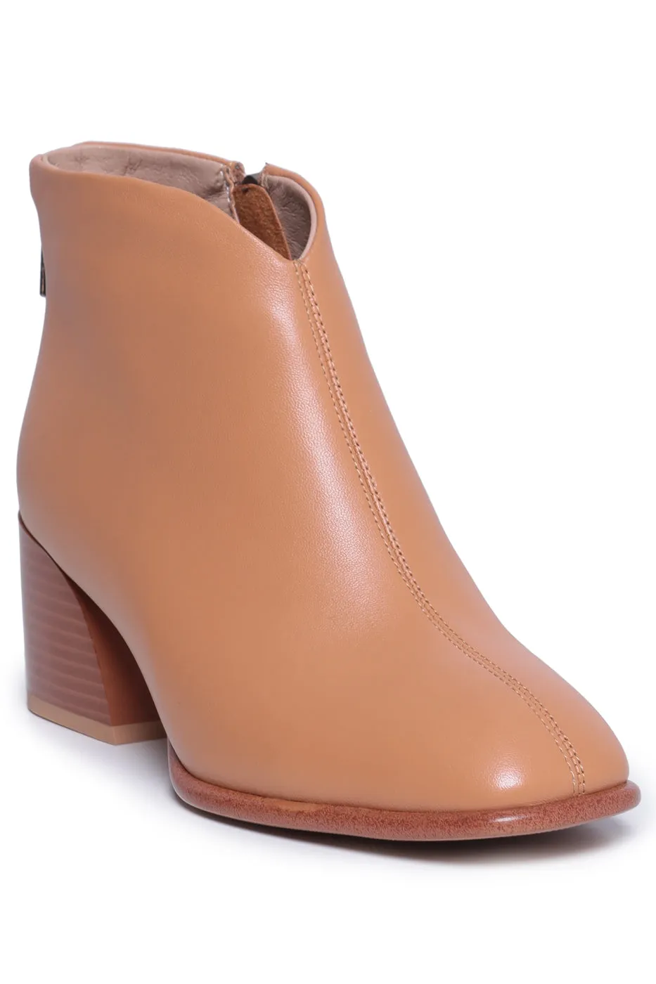 Leather Block Heel Ankle Boots - Brown