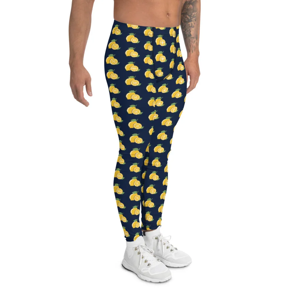 Lemon Print Men's Leggings, Dark Blue Citrus Lemon Fruit Men Run Tights-Made in USA/EU