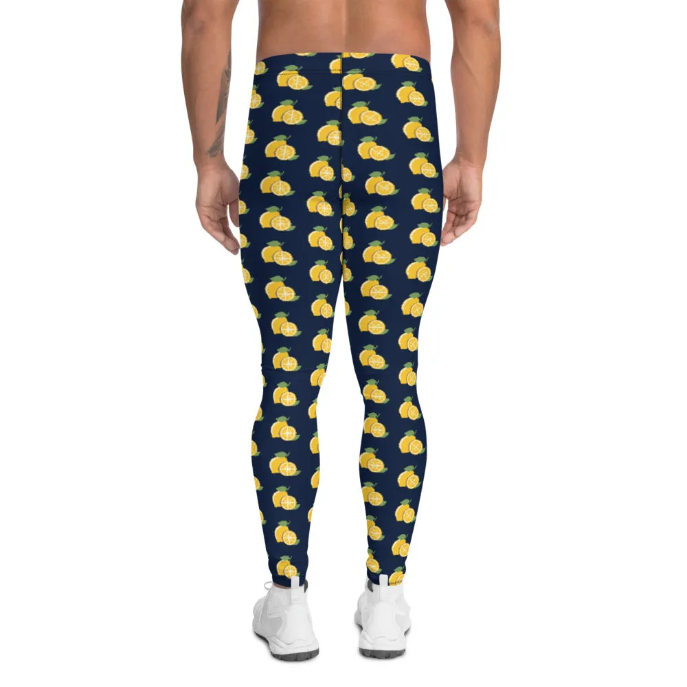 Lemon Print Men's Leggings, Dark Blue Citrus Lemon Fruit Men Run Tights-Made in USA/EU