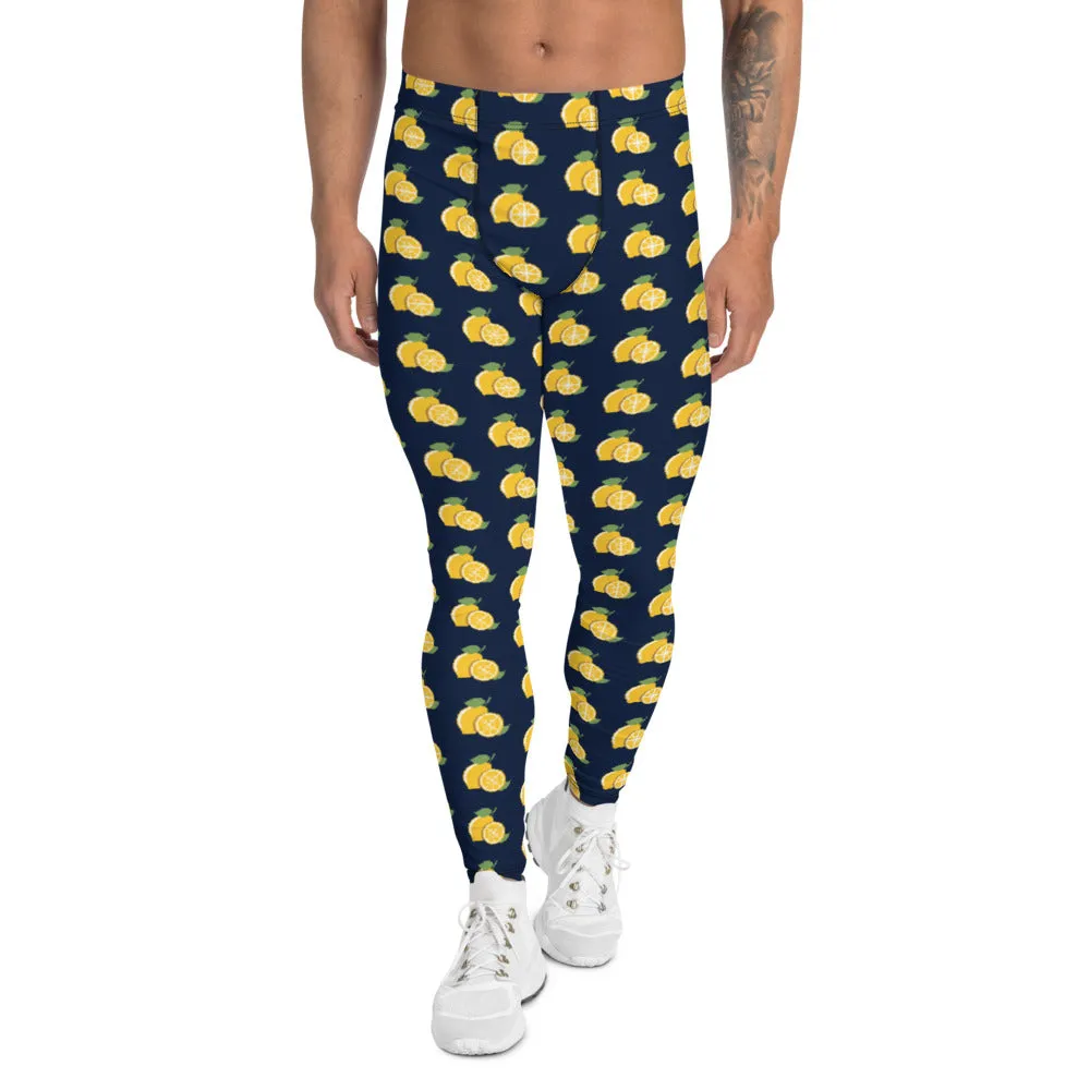 Lemon Print Men's Leggings, Dark Blue Citrus Lemon Fruit Men Run Tights-Made in USA/EU