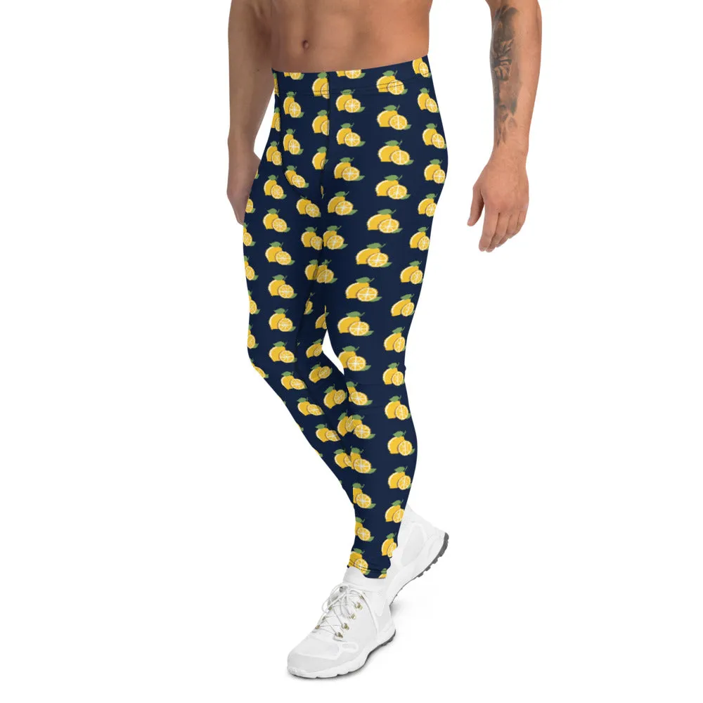 Lemon Print Men's Leggings, Dark Blue Citrus Lemon Fruit Men Run Tights-Made in USA/EU