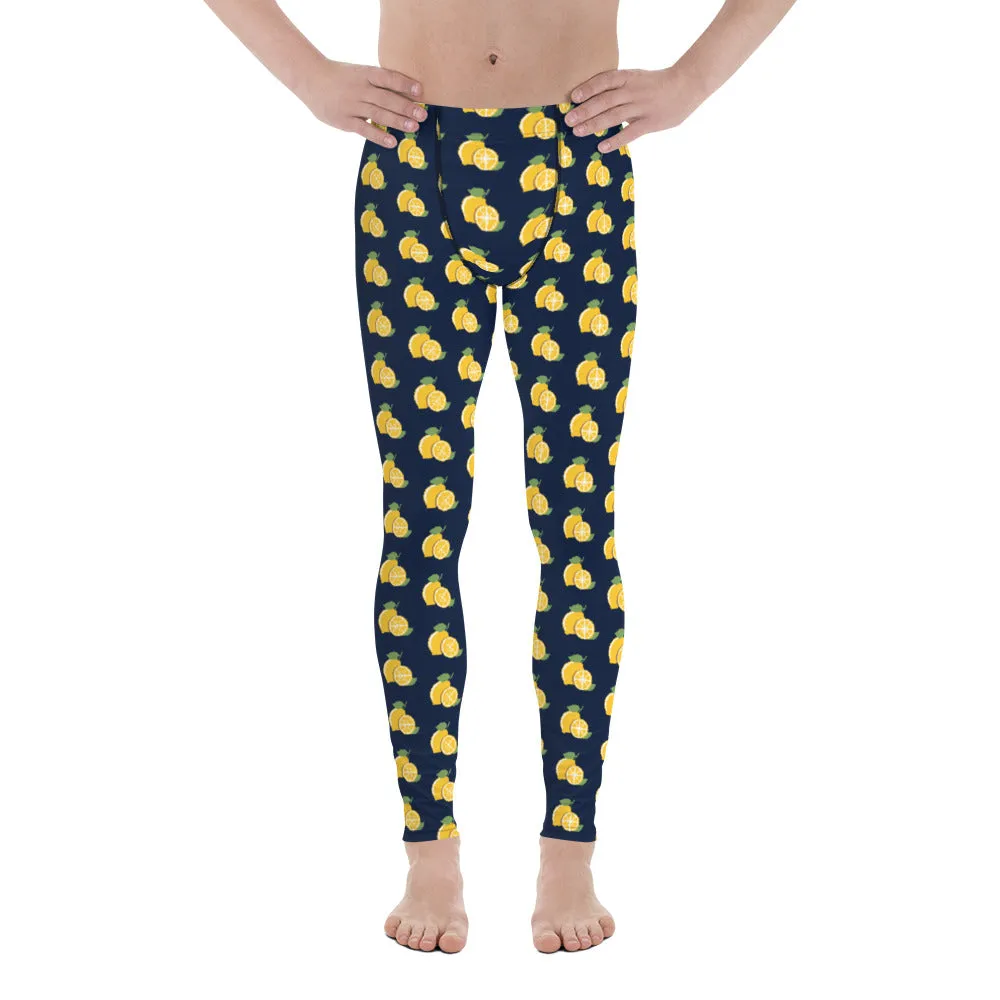 Lemon Print Men's Leggings, Dark Blue Citrus Lemon Fruit Men Run Tights-Made in USA/EU