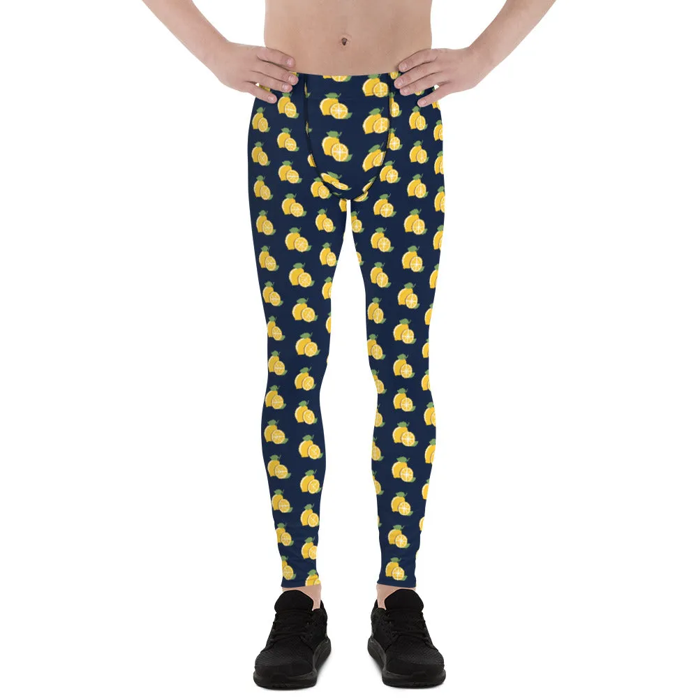 Lemon Print Men's Leggings, Dark Blue Citrus Lemon Fruit Men Run Tights-Made in USA/EU