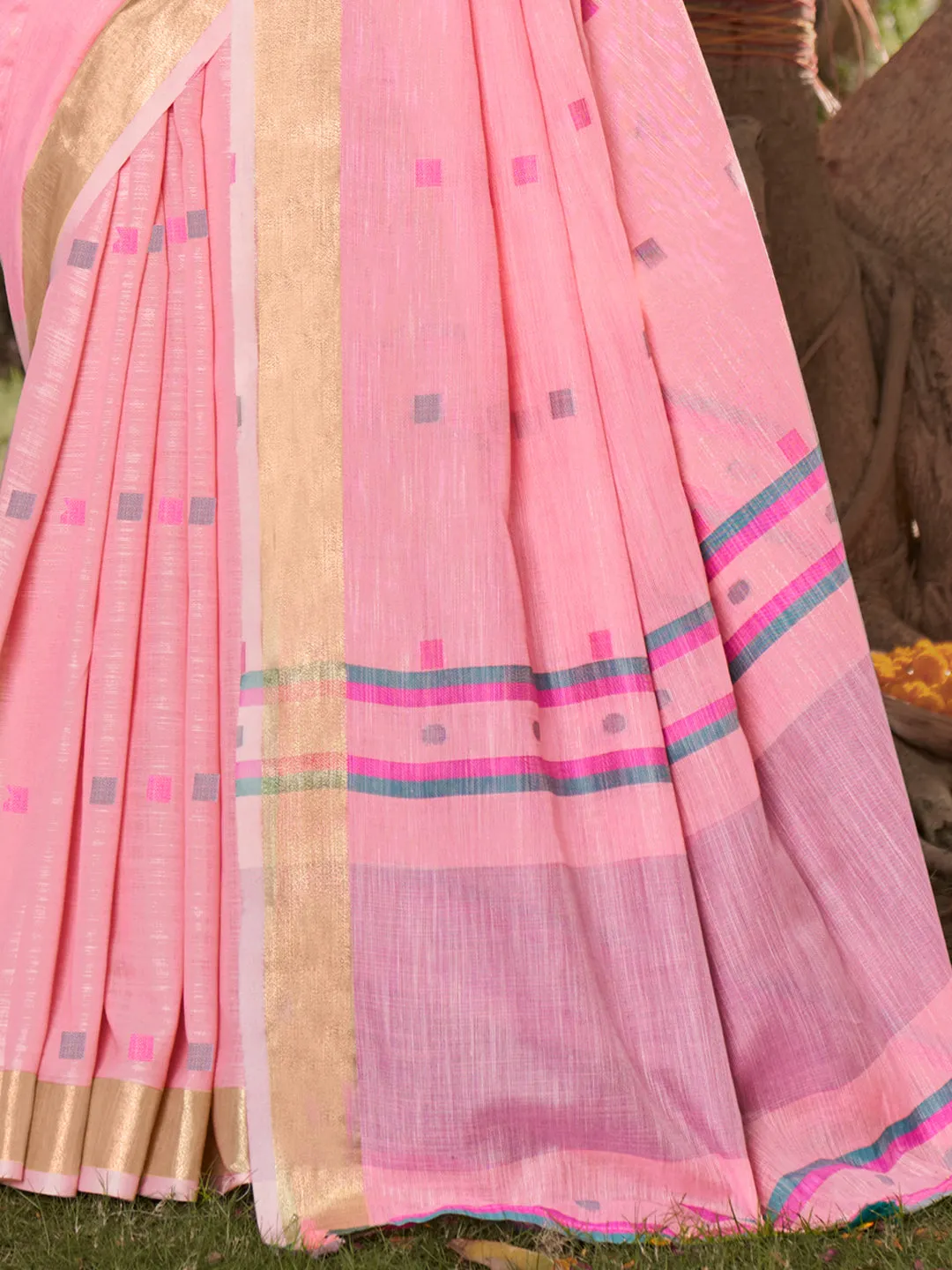 Light Pink Cotton Woven Work Party Wear Saree - Sangam Prints