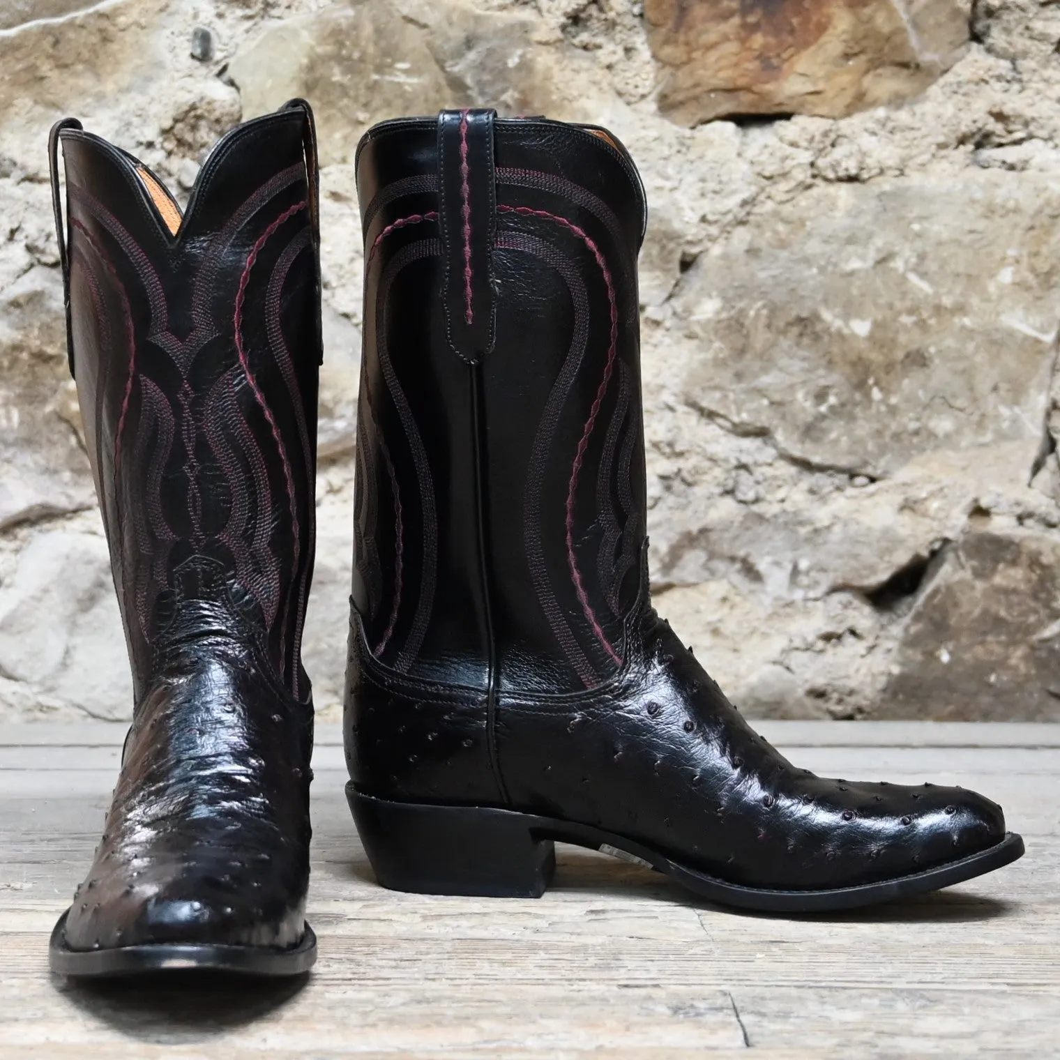 Lucchese Men's 13" Ostrich Leather Boot In Black Cherry W/Looping Stitch