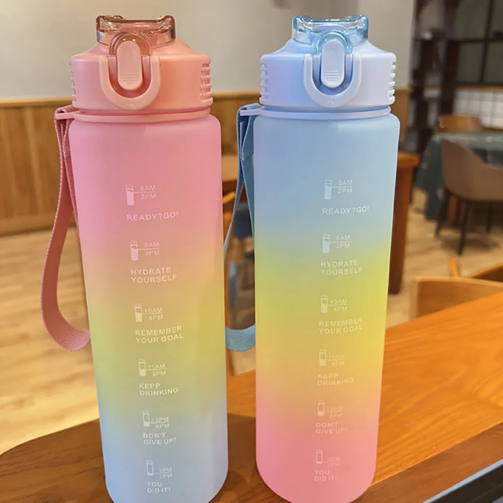 Motivational Water Bottle with Times to Drink and Straw-Pink