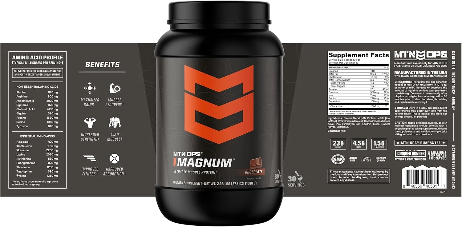 MTN OPS, Magnum Chocolate Protein Powder, 23g of Whey Isolate Protein & Milk Protein with BCAAs, Zero Sugar & Gluten Free 30-Serving Tub