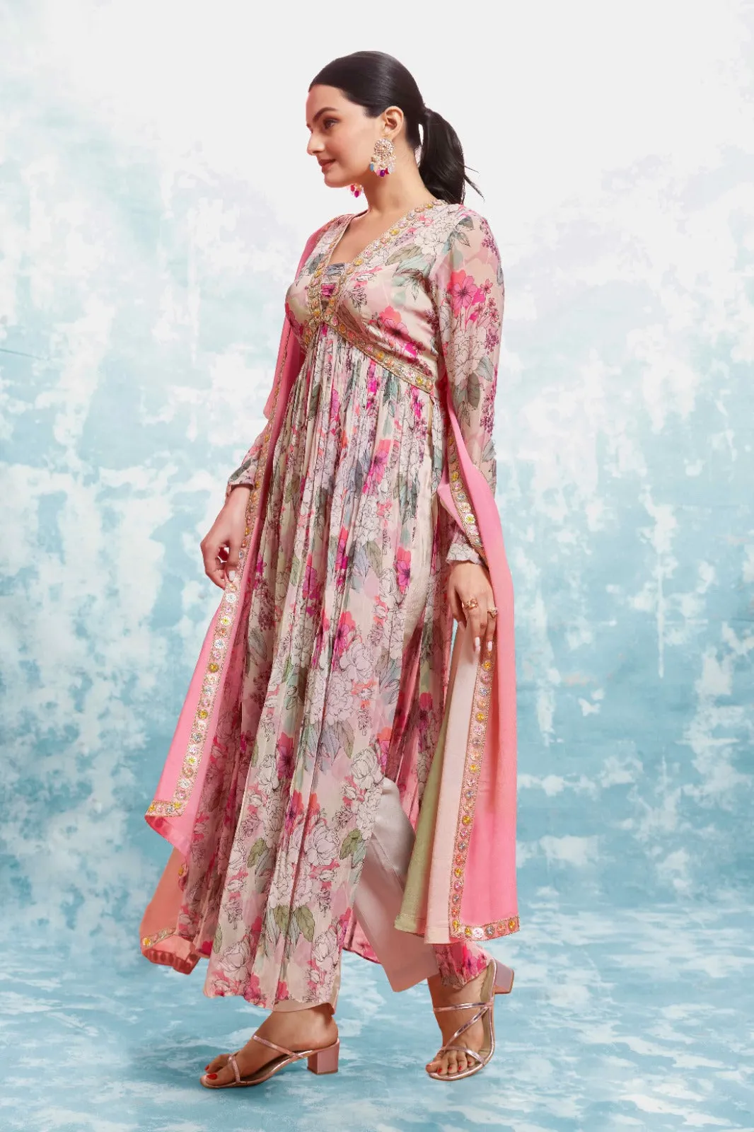 Multi-Colored Georgette Suit Set with Printed & Embroidered Work