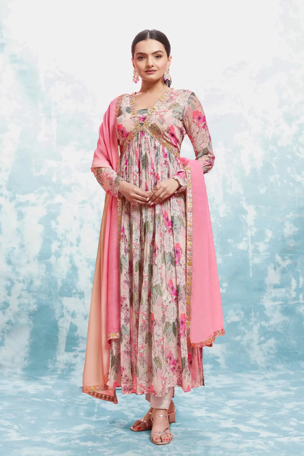 Multi-Colored Georgette Suit Set with Printed & Embroidered Work