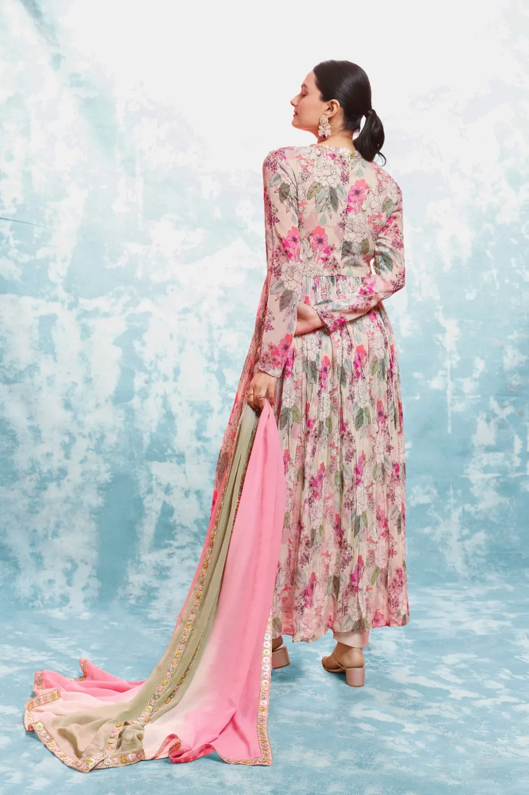 Multi-Colored Georgette Suit Set with Printed & Embroidered Work