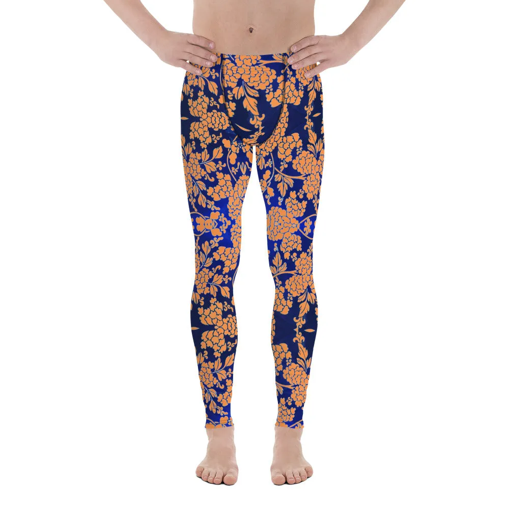 Orange Blue Floral Print Meggings, Best Blue and Orange Oriental Style Floral Print Meggings Compression Tights - Made in USA/EU/MX