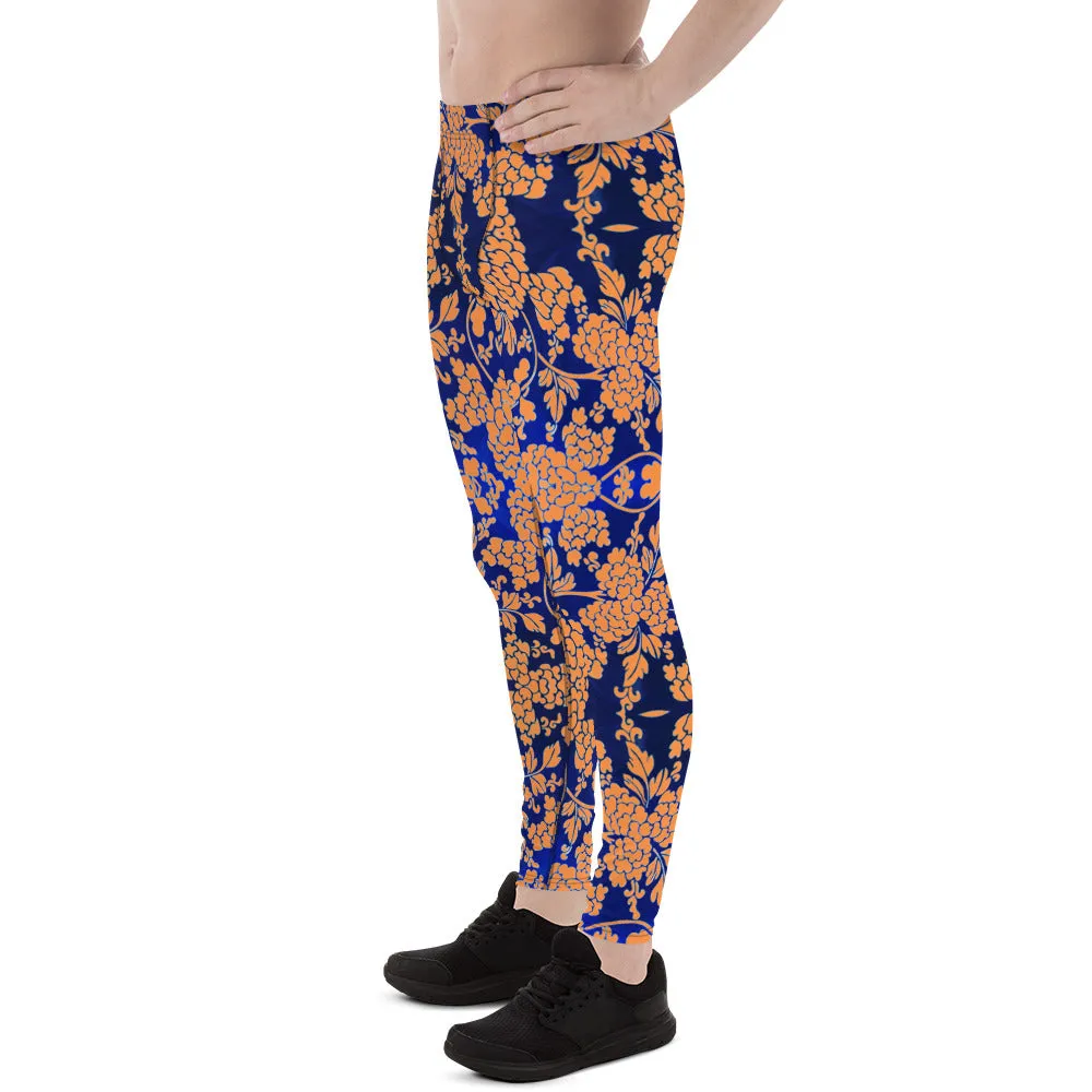 Orange Blue Floral Print Meggings, Best Blue and Orange Oriental Style Floral Print Meggings Compression Tights - Made in USA/EU/MX