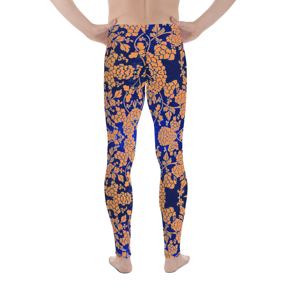 Orange Blue Floral Print Meggings, Best Blue and Orange Oriental Style Floral Print Meggings Compression Tights - Made in USA/EU/MX