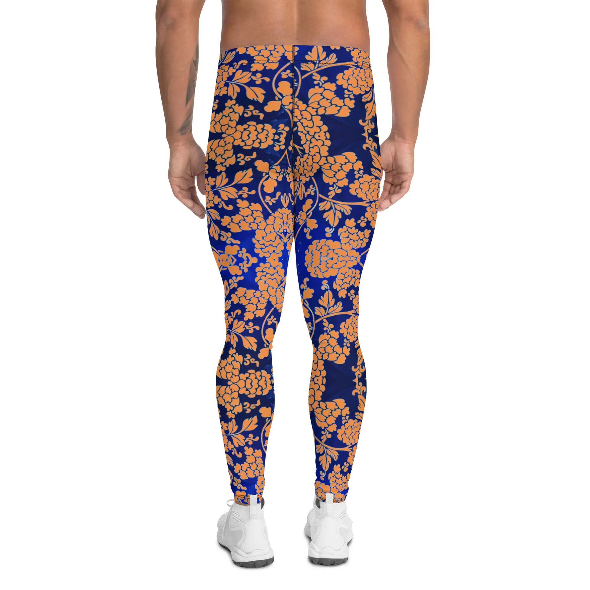 Orange Blue Floral Print Meggings, Best Blue and Orange Oriental Style Floral Print Meggings Compression Tights - Made in USA/EU/MX