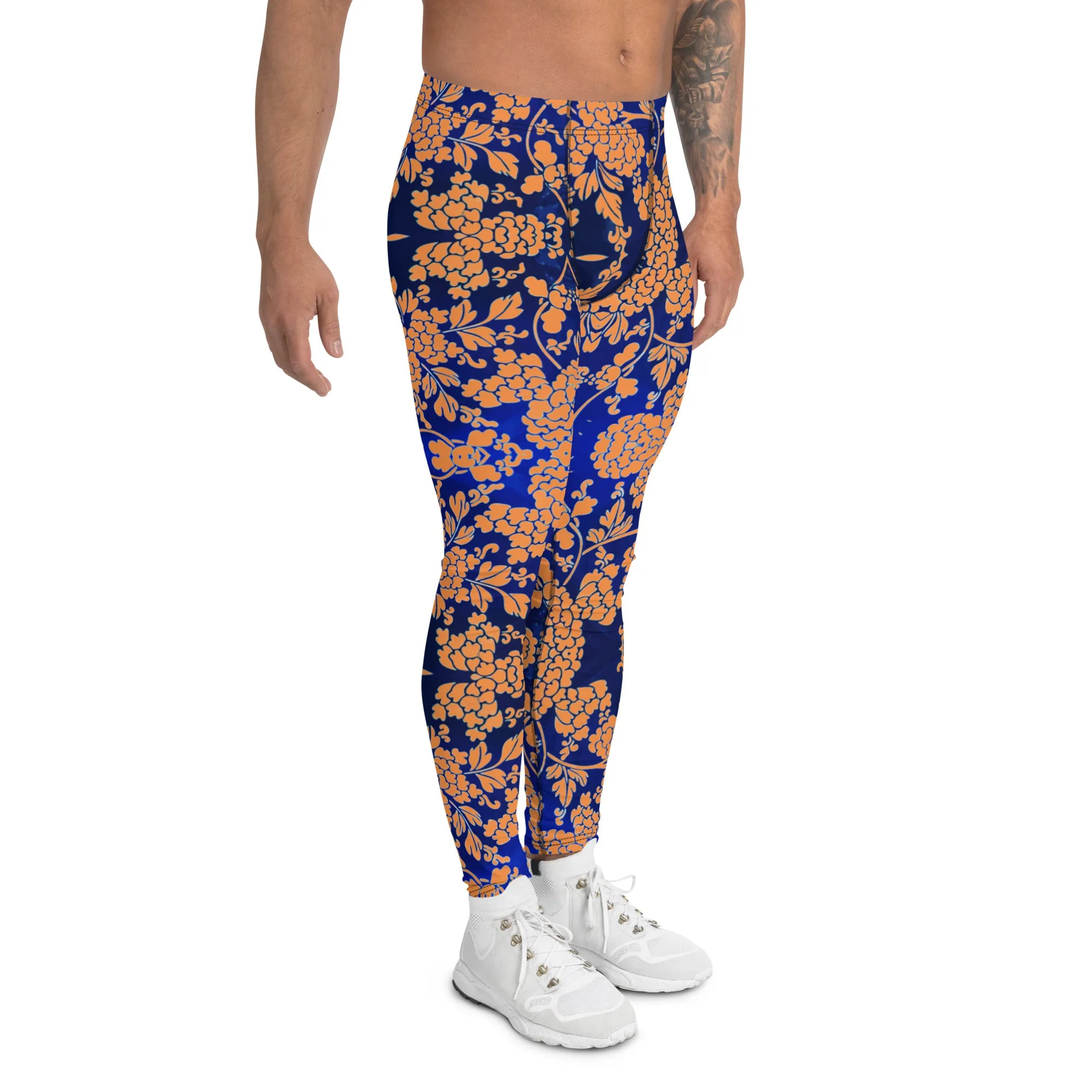 Orange Blue Floral Print Meggings, Best Blue and Orange Oriental Style Floral Print Meggings Compression Tights - Made in USA/EU/MX