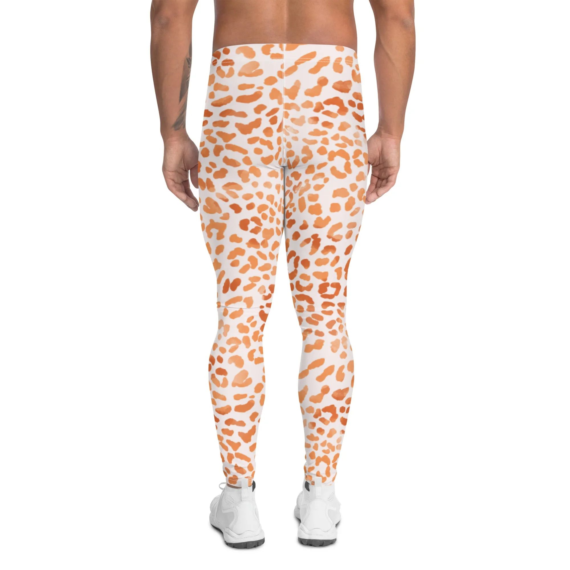 Orange Leopard Print Men's Leggings, Animal Leopard Print Best Designer Meggings Tights-Made in USA/EU/MX