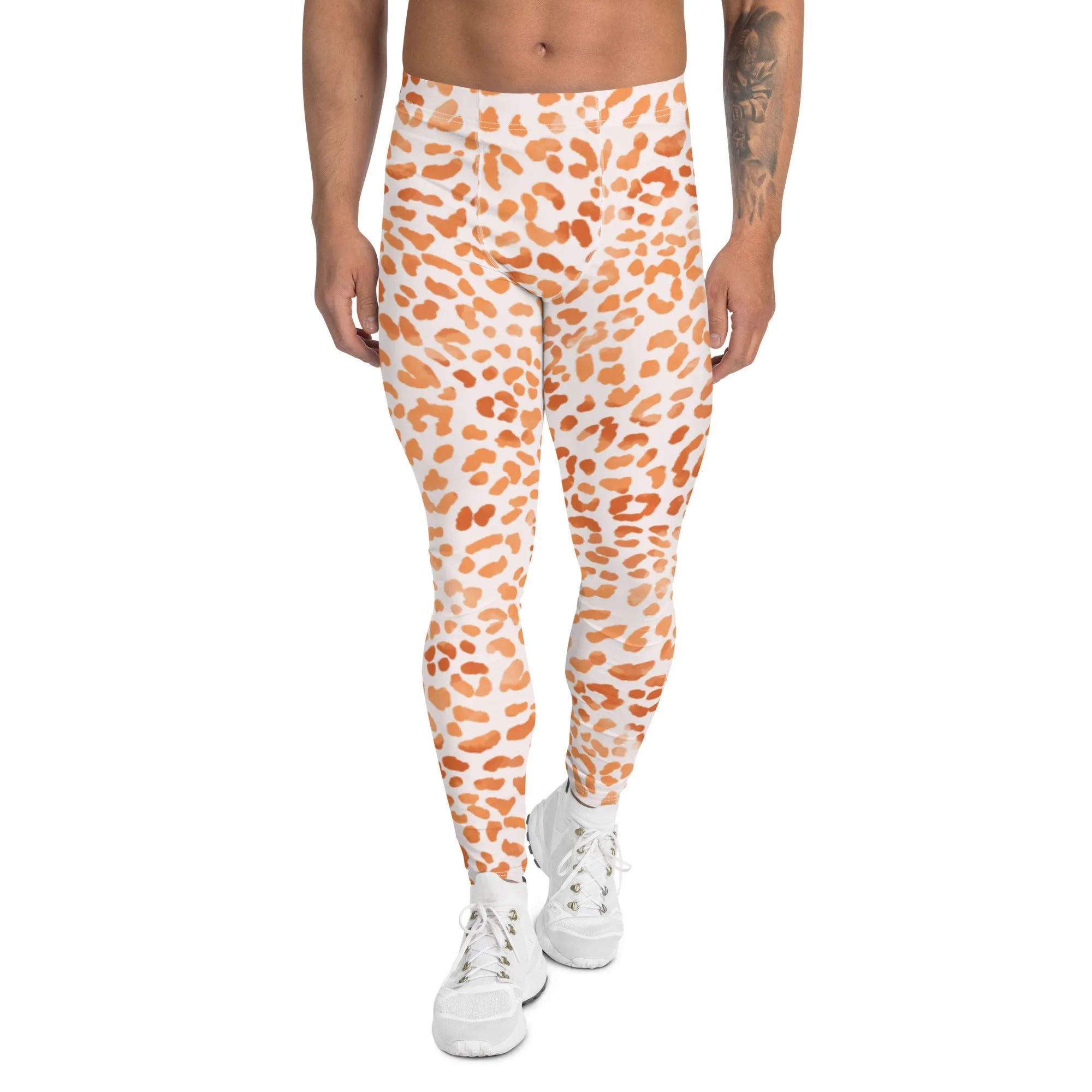 Orange Leopard Print Men's Leggings, Animal Leopard Print Best Designer Meggings Tights-Made in USA/EU/MX