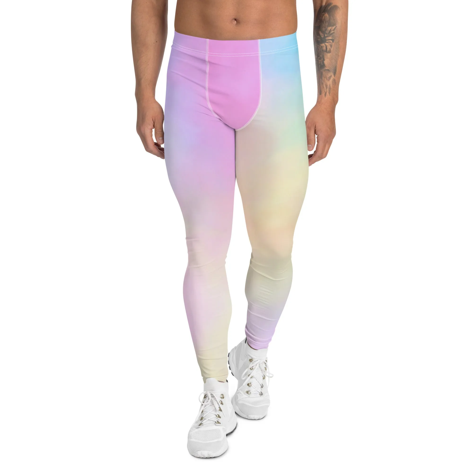 Pastel Pink Abstract Men's Leggings, Fun Colorful Meggings Running Tights For Men-Made in USA/EU/MX