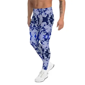 Pastel Purple Floral Men's Leggings, Best Purple and Blue Oriental Style Floral Print Meggings Compression Tights - Made in USA/EU/MX