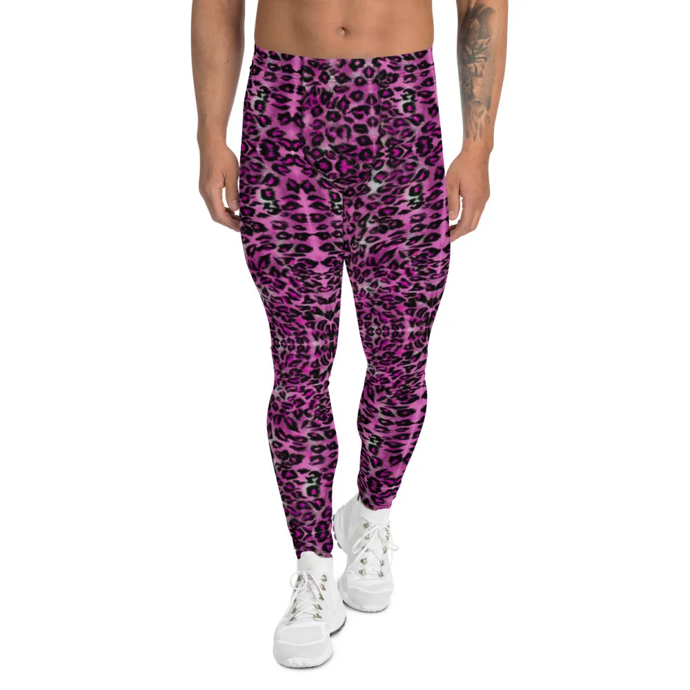 Pink Leopard Print Men's Leggings, Sexy Animal Print Meggings Running Tights For Men