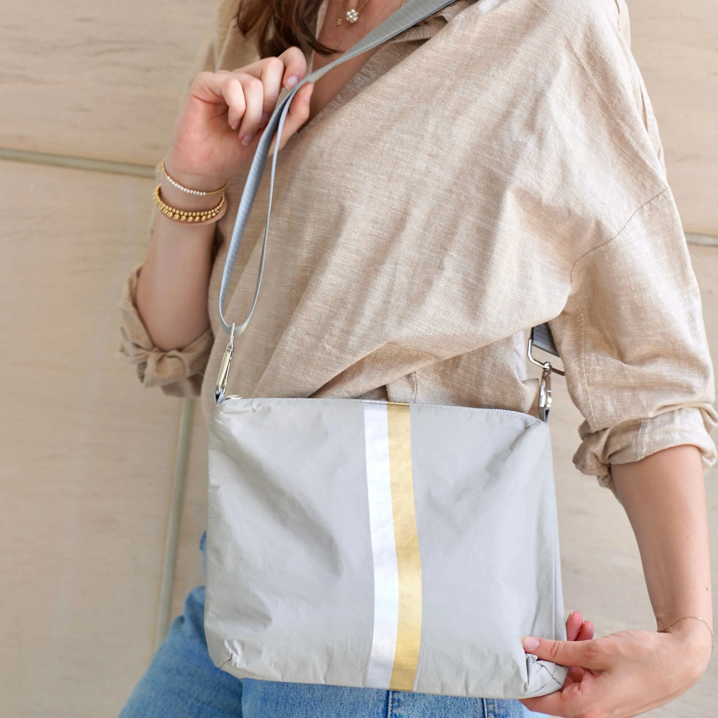 Pouch to Purse - Earth Gray with Silver & Gold Stripes