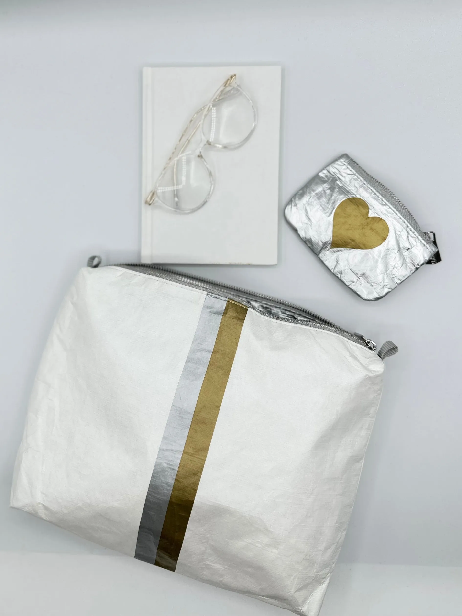 Pouch to Purse - Shimmer White with Gold & Silver Stripes