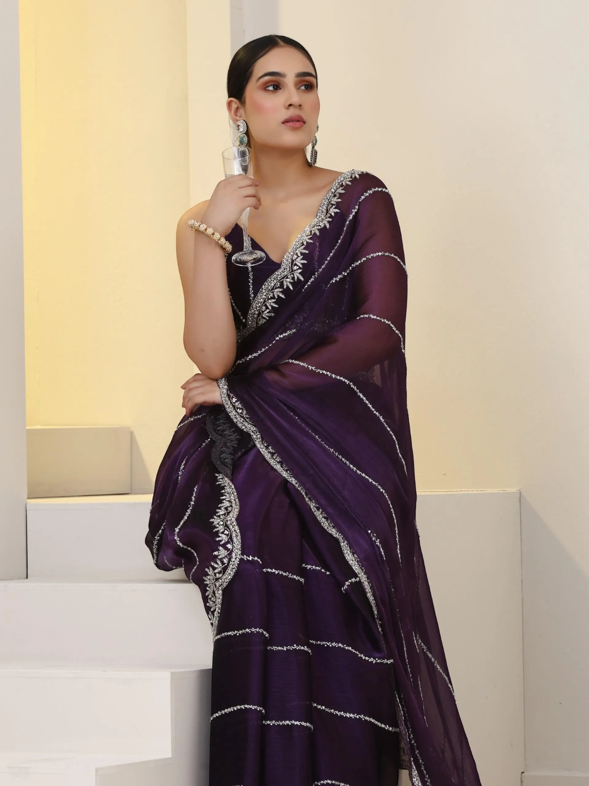 Prized Possession Purple Organza Chiffon Saree with Cut Dana Embroidery with Embroidered Blouse Fabric