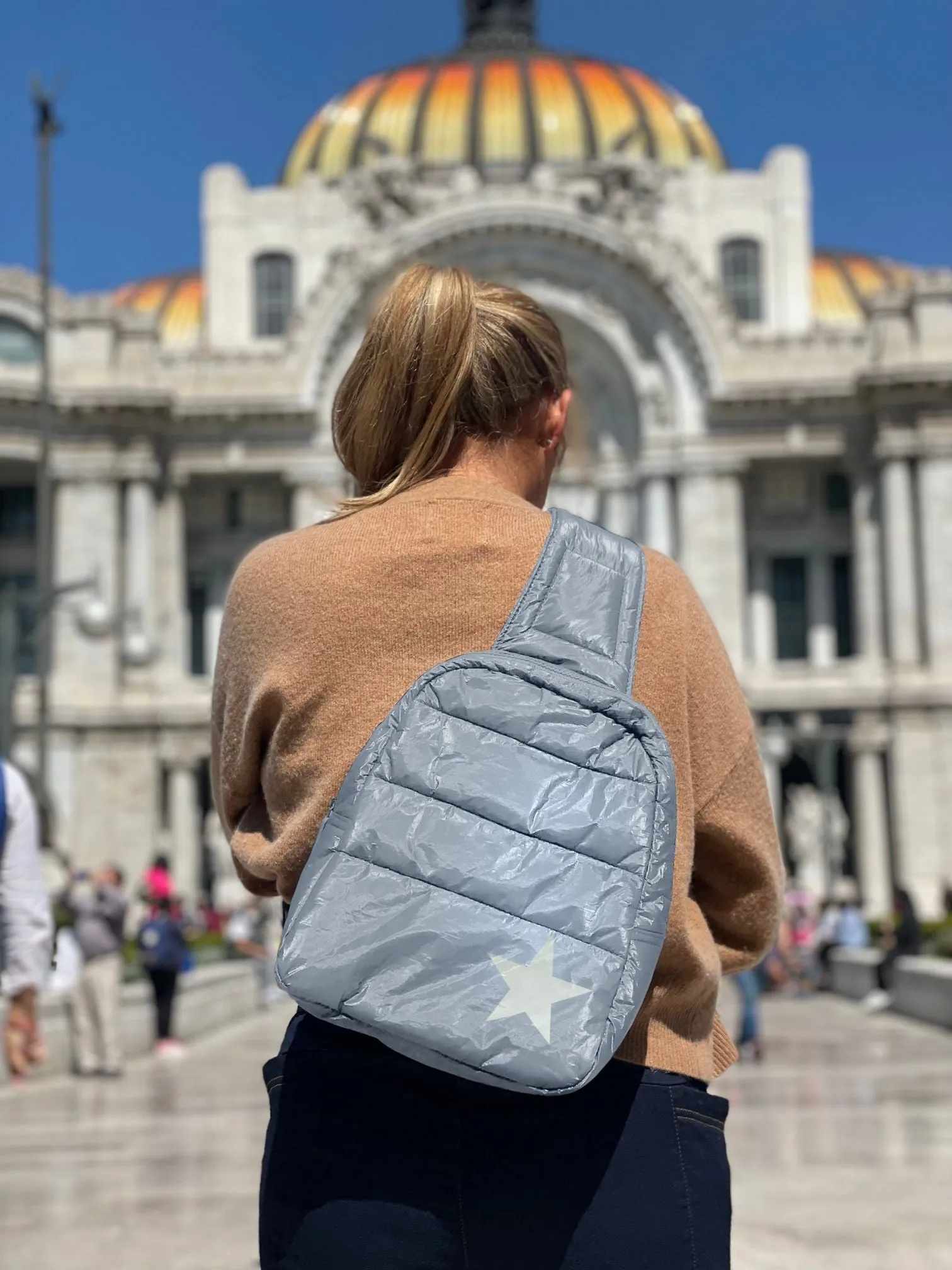 Puffer Crossbody Backpack in Shimmer Gray with Silver Star