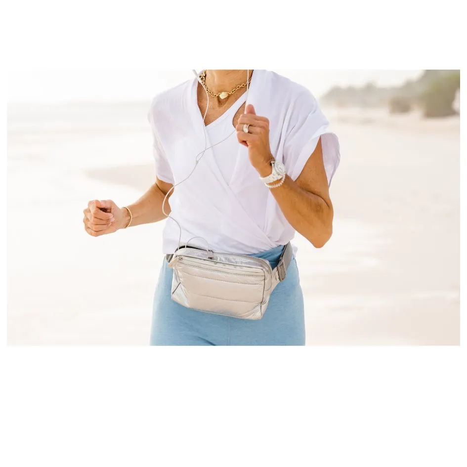 Puffer Fanny Pack in Silver with Gray Strap