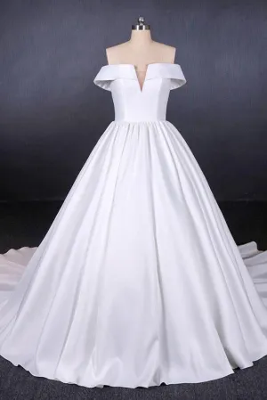 Puffy Off the Shoulder Satin Wedding Dress, Ball Gown Long Bridal Dress with Long Train UQ2286