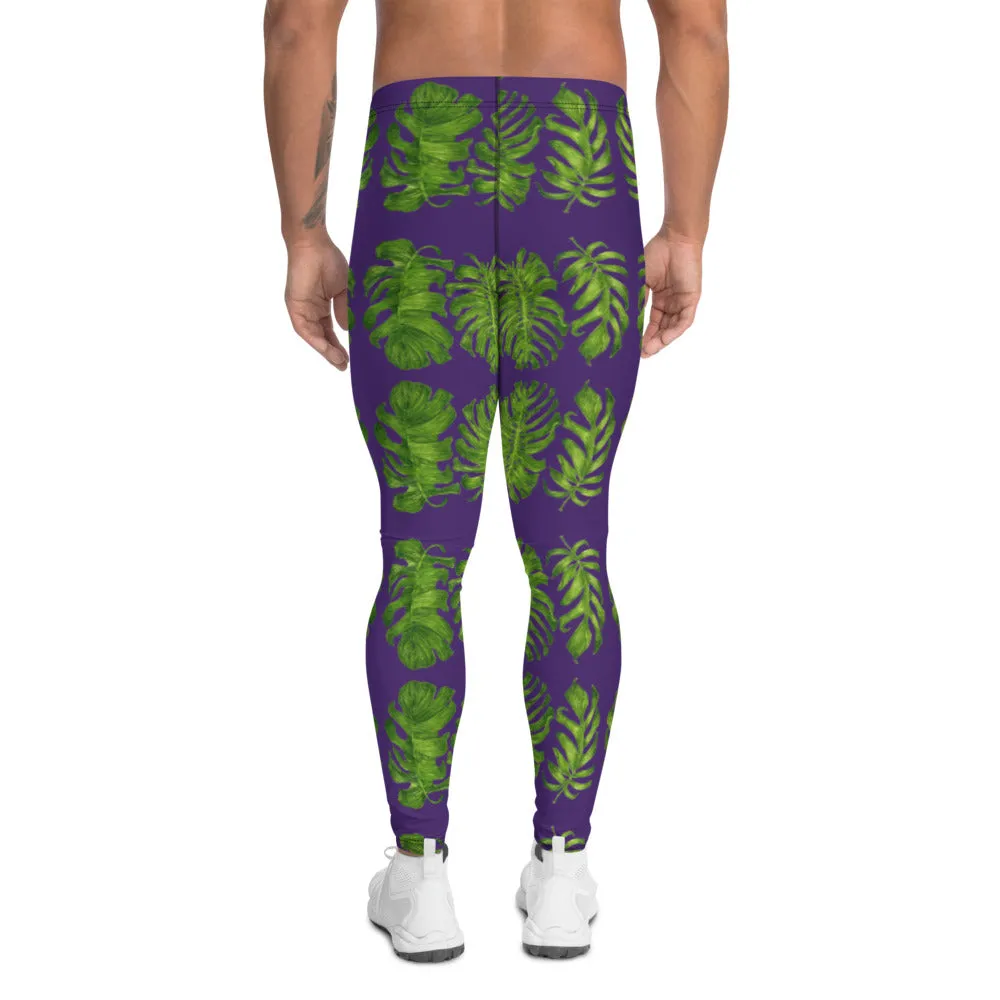 Purple Tropical Leaf Men's Leggings, Hawaiian Style Designer Meggings -Made in USA/EU/MX