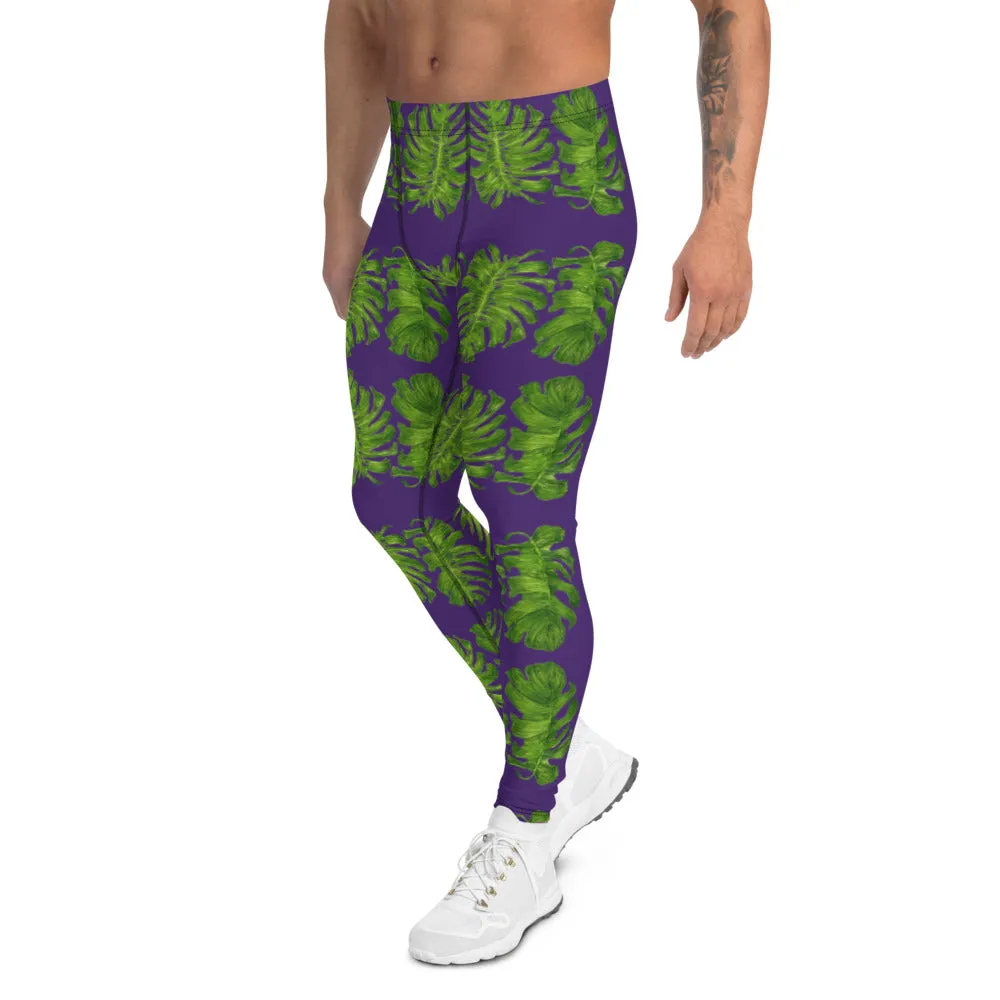 Purple Tropical Leaf Men's Leggings, Hawaiian Style Designer Meggings -Made in USA/EU/MX