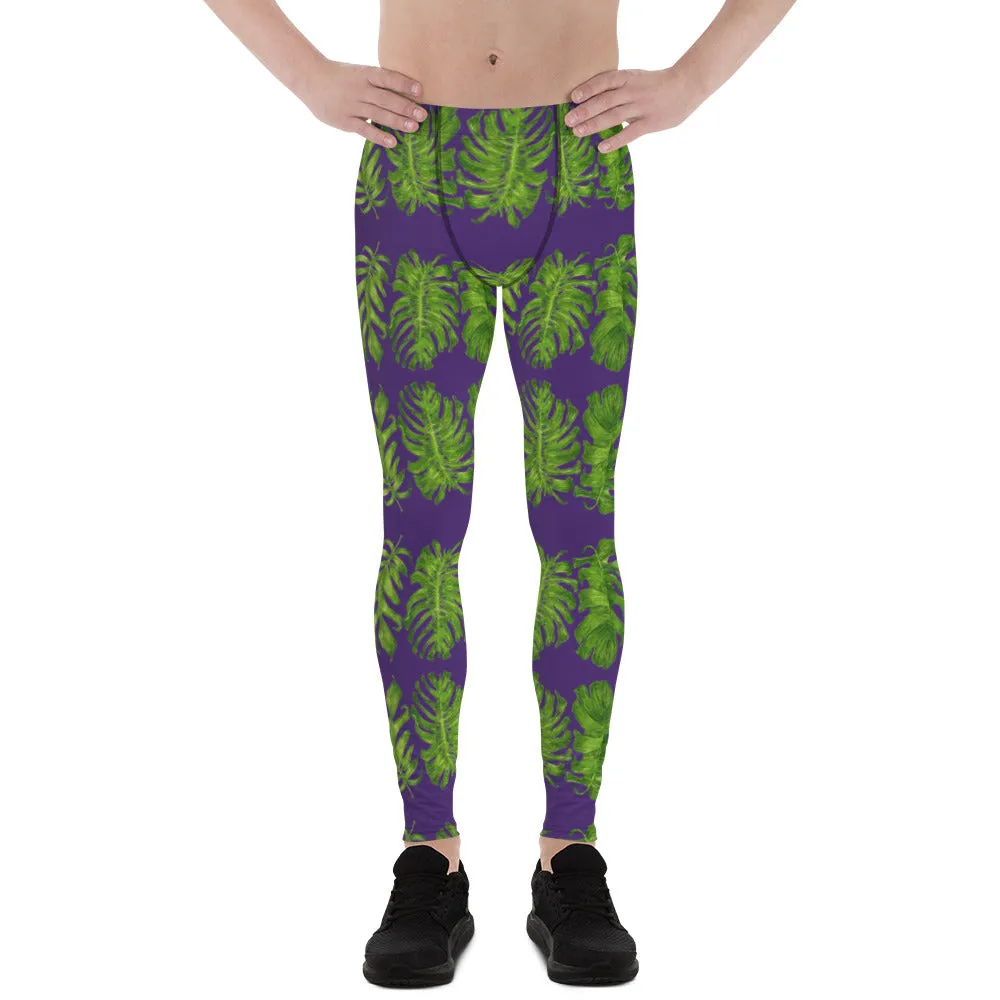 Purple Tropical Leaf Men's Leggings, Hawaiian Style Designer Meggings -Made in USA/EU/MX