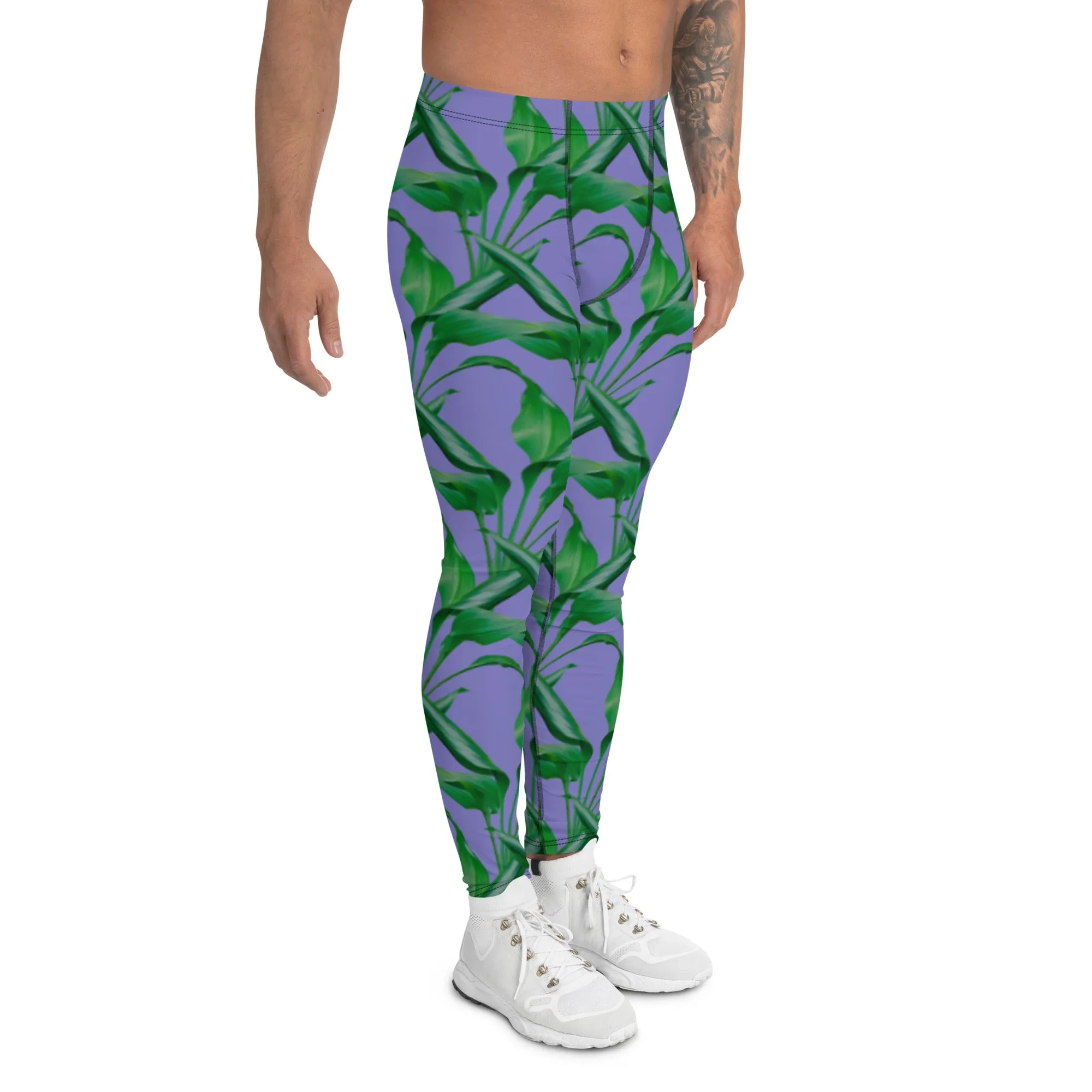 Purple Tropical Leaves Men's Leggings, Best Men's Leggings, Tropical Leaves Print Designer Running Compression Tights For Men - Made in USA/EU/MX