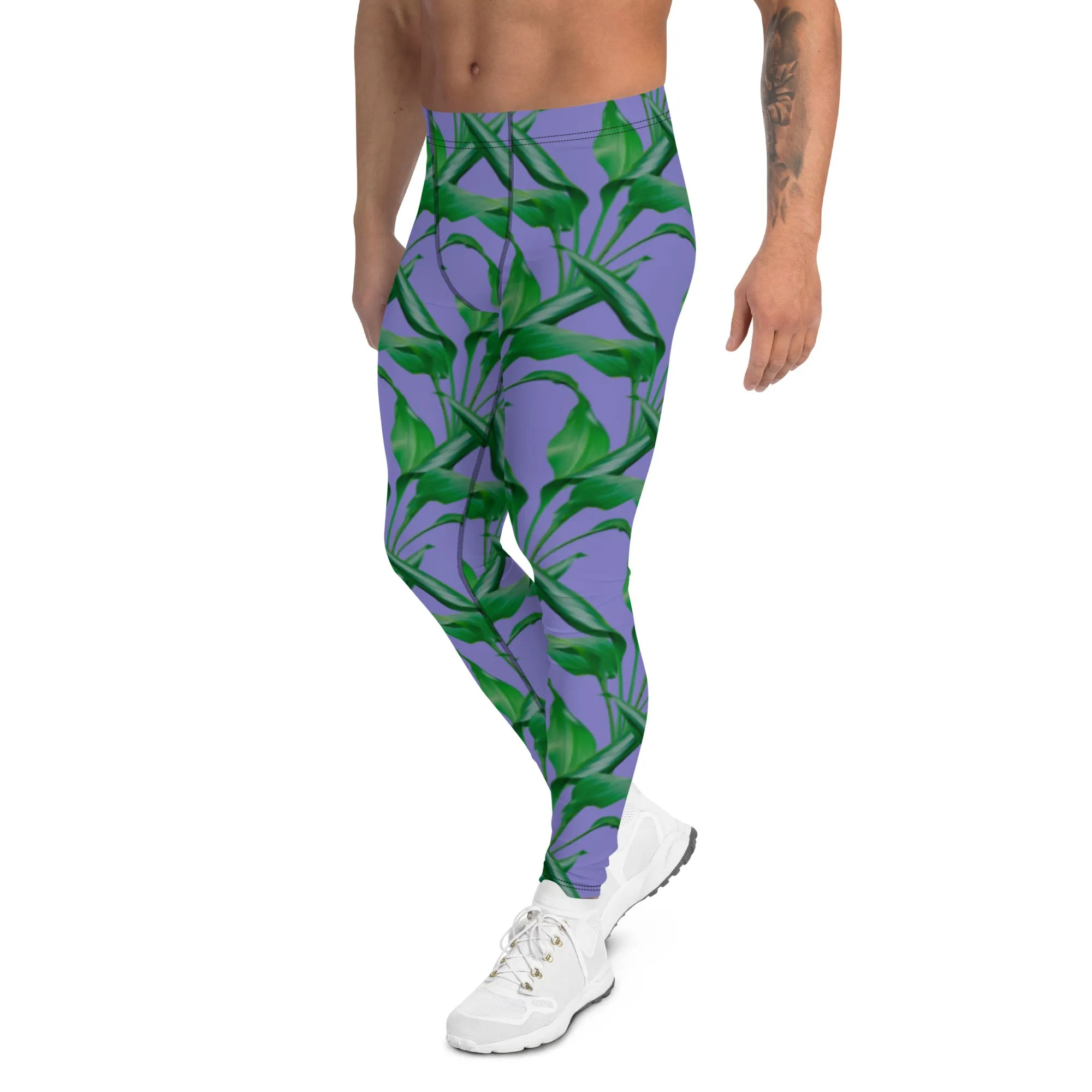 Purple Tropical Leaves Men's Leggings, Best Men's Leggings, Tropical Leaves Print Designer Running Compression Tights For Men - Made in USA/EU/MX