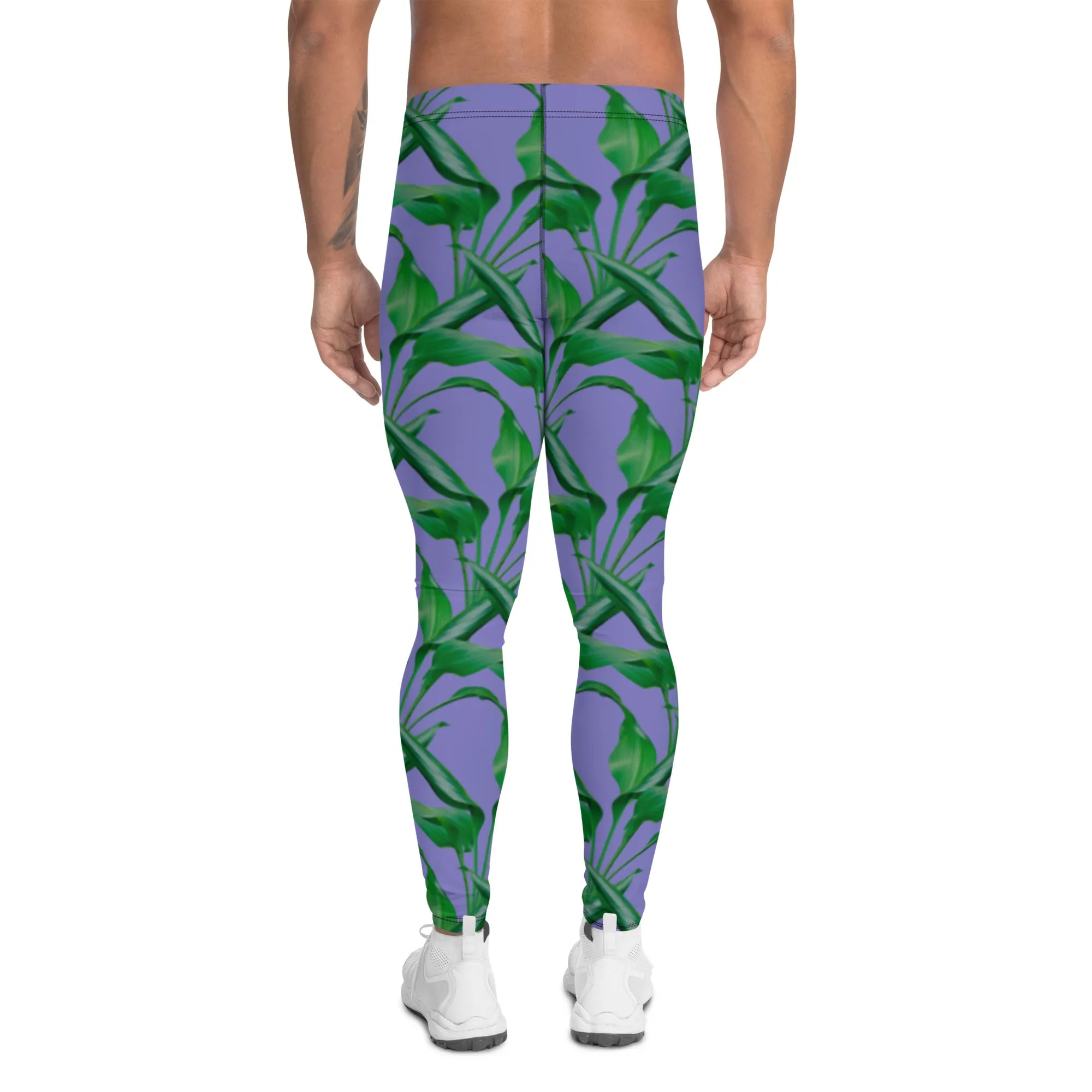 Purple Tropical Leaves Men's Leggings, Best Men's Leggings, Tropical Leaves Print Designer Running Compression Tights For Men - Made in USA/EU/MX