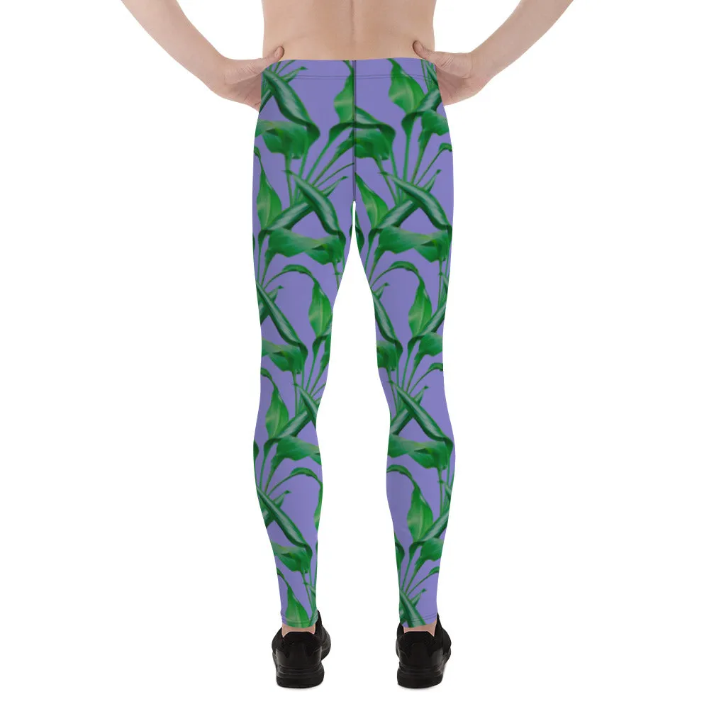 Purple Tropical Leaves Men's Leggings, Best Men's Leggings, Tropical Leaves Print Designer Running Compression Tights For Men - Made in USA/EU/MX