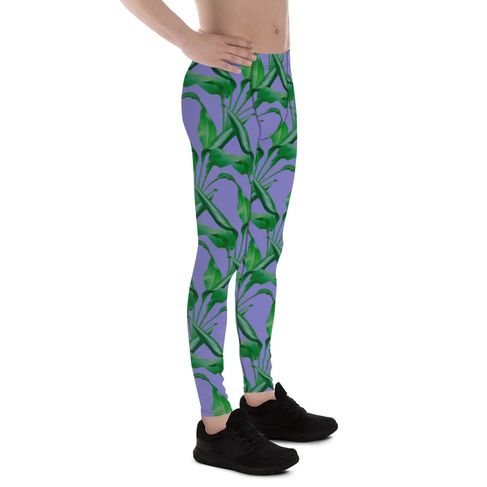 Purple Tropical Leaves Men's Leggings, Best Men's Leggings, Tropical Leaves Print Designer Running Compression Tights For Men - Made in USA/EU/MX