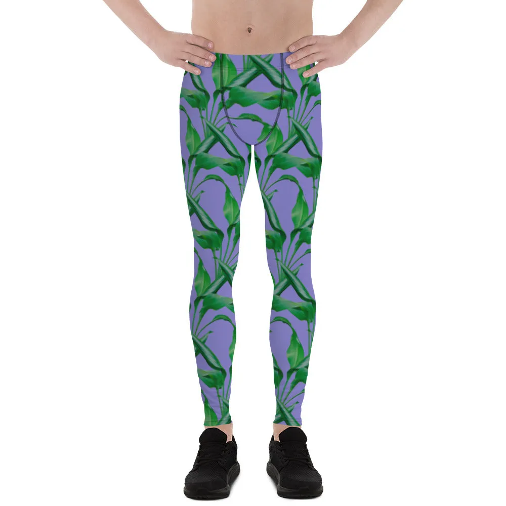 Purple Tropical Leaves Men's Leggings, Best Men's Leggings, Tropical Leaves Print Designer Running Compression Tights For Men - Made in USA/EU/MX