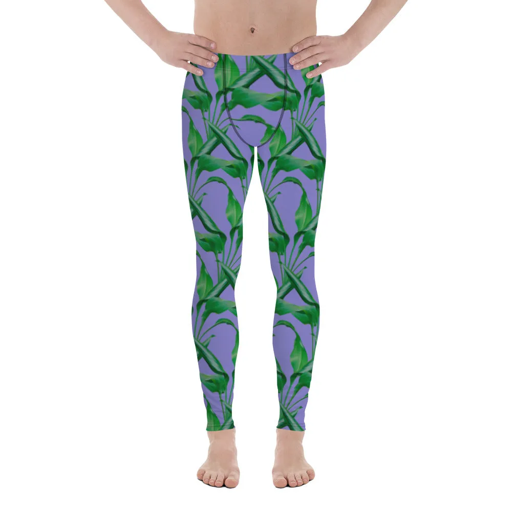 Purple Tropical Leaves Men's Leggings, Best Men's Leggings, Tropical Leaves Print Designer Running Compression Tights For Men - Made in USA/EU/MX