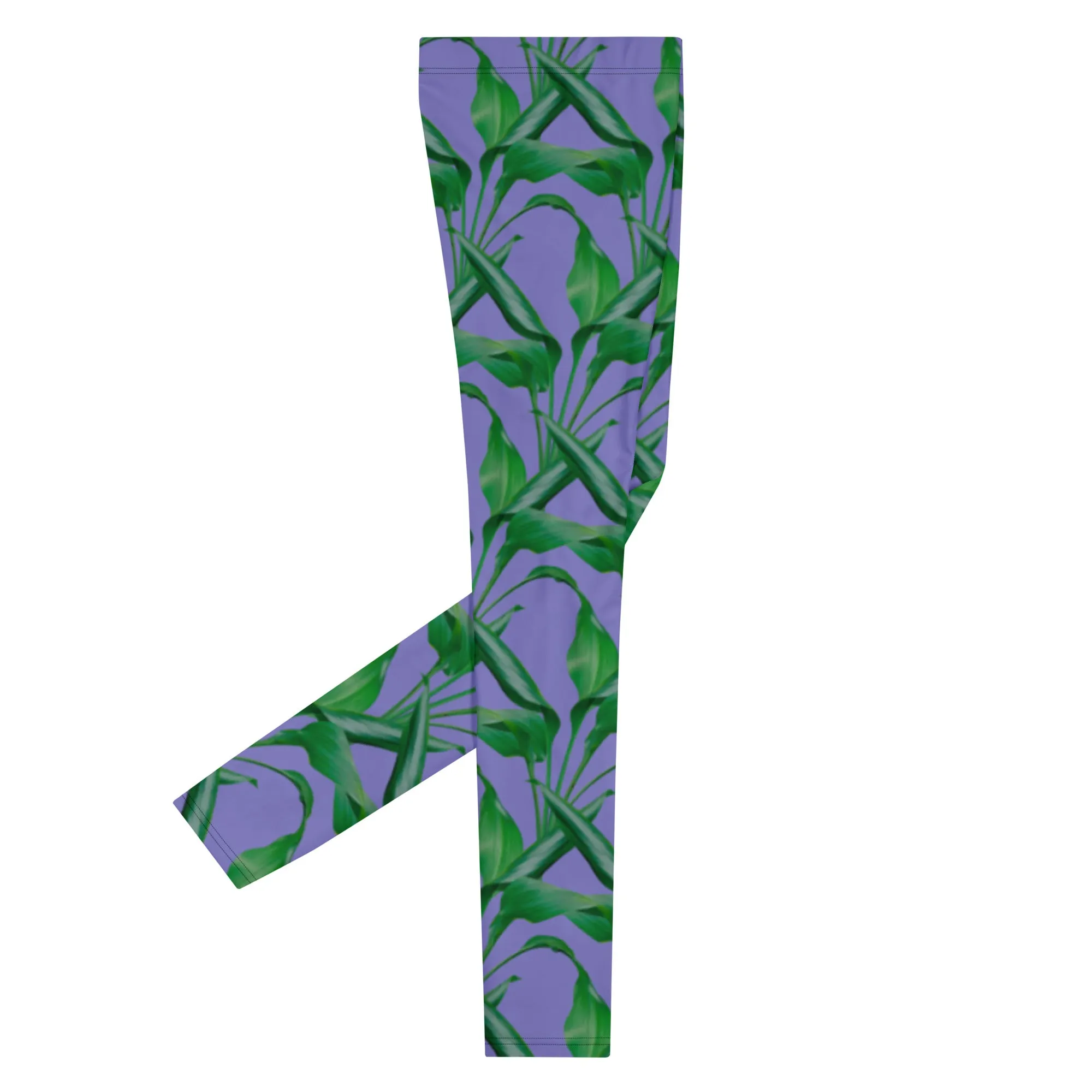 Purple Tropical Leaves Men's Leggings, Best Men's Leggings, Tropical Leaves Print Designer Running Compression Tights For Men - Made in USA/EU/MX