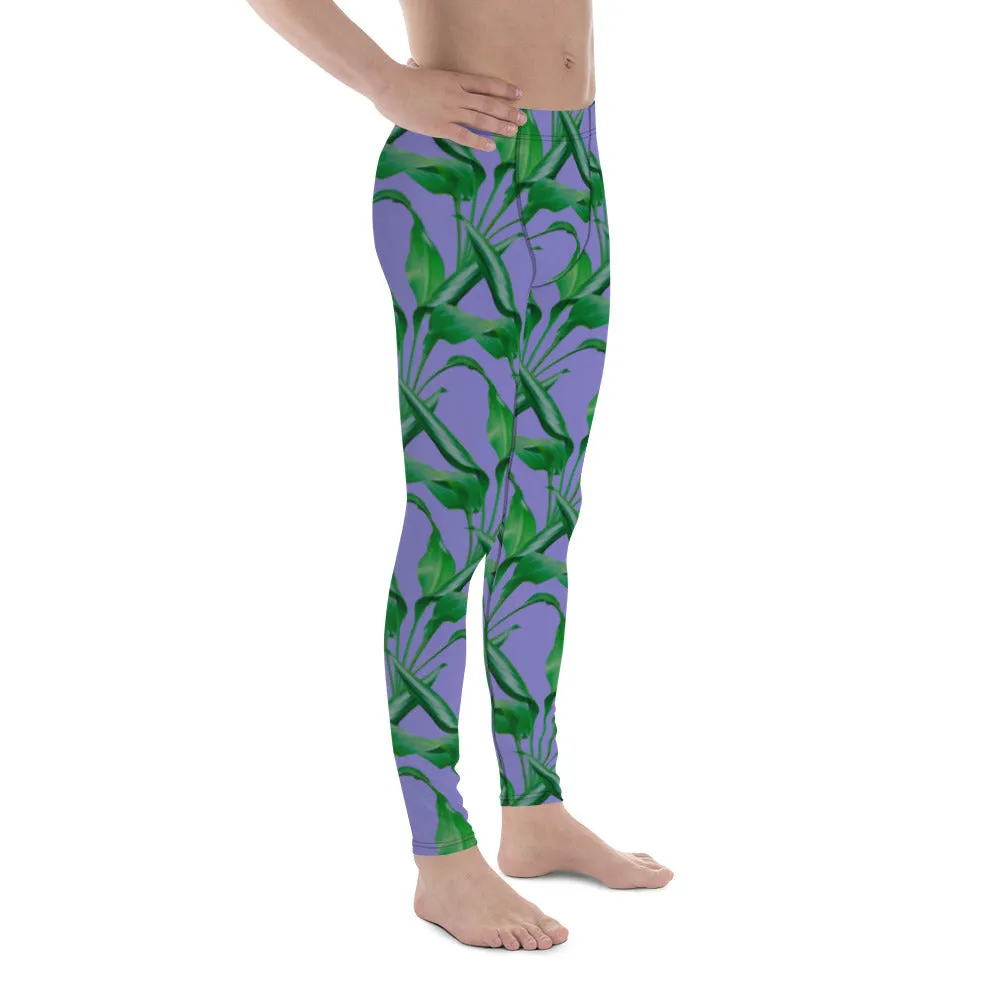 Purple Tropical Leaves Men's Leggings, Best Men's Leggings, Tropical Leaves Print Designer Running Compression Tights For Men - Made in USA/EU/MX