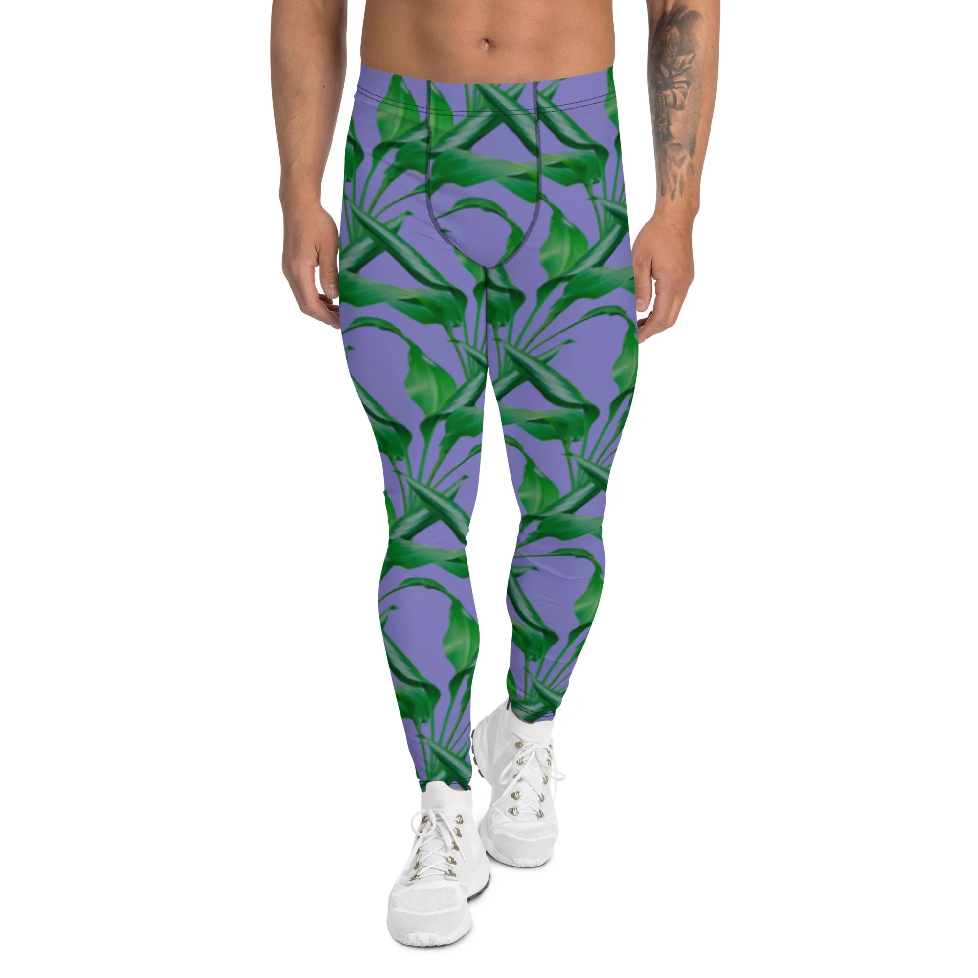 Purple Tropical Leaves Men's Leggings, Best Men's Leggings, Tropical Leaves Print Designer Running Compression Tights For Men - Made in USA/EU/MX