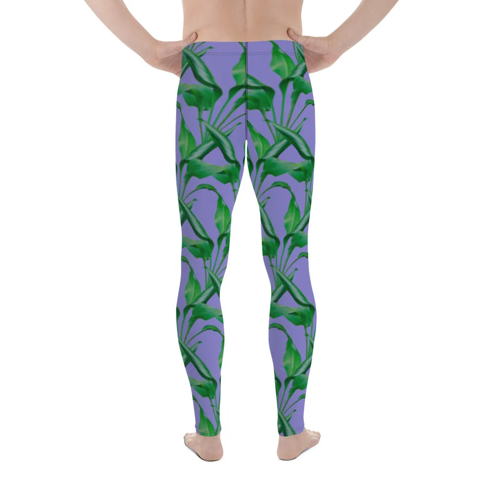 Purple Tropical Leaves Men's Leggings, Best Men's Leggings, Tropical Leaves Print Designer Running Compression Tights For Men - Made in USA/EU/MX