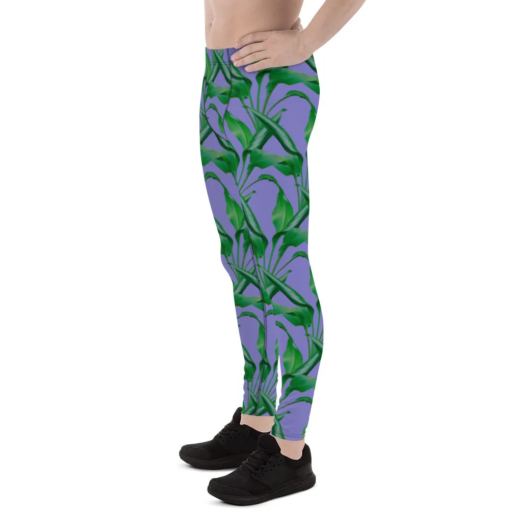 Purple Tropical Leaves Men's Leggings, Best Men's Leggings, Tropical Leaves Print Designer Running Compression Tights For Men - Made in USA/EU/MX