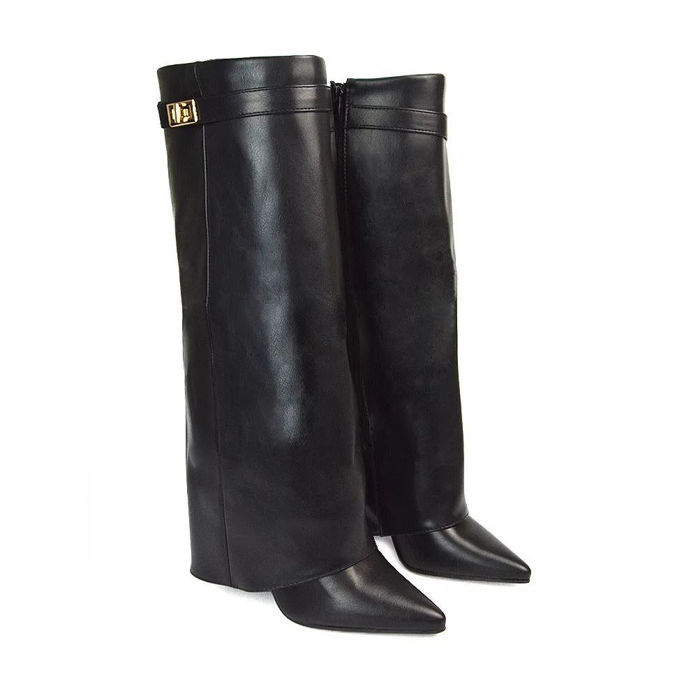 Rayna Pointed Toe Fold Over Knee High Boots With Block Heel in Black Synthetic Leather