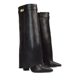 Rayna Pointed Toe Fold Over Knee High Boots With Block Heel in Black Synthetic Leather